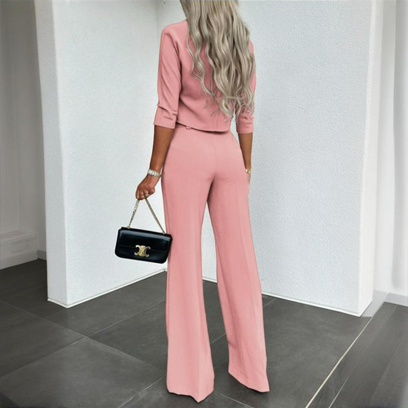 Women's Elegant Solid Color Half Sleeve Short Top With Straight Leg Pants Two-Piece Office Wear Suit With Pockets