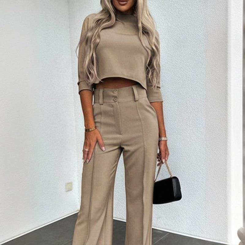 Women's Elegant Solid Color Half Sleeve Short Top With Straight Leg Pants Two-Piece Office Wear Suit With Pockets