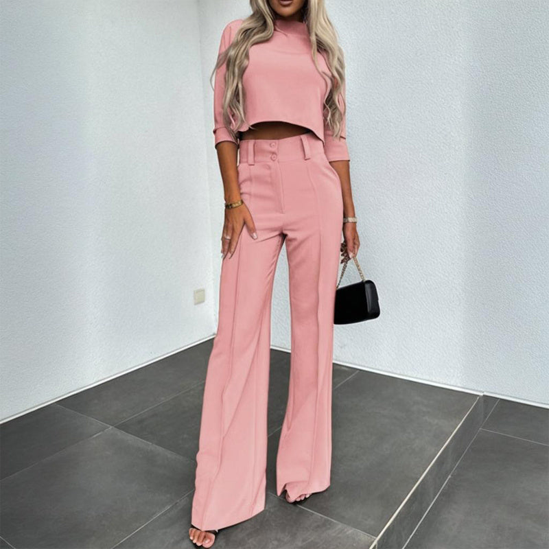 Women's Elegant Solid Color Half Sleeve Short Top With Straight Leg Pants Two-Piece Office Wear Suit With Pockets